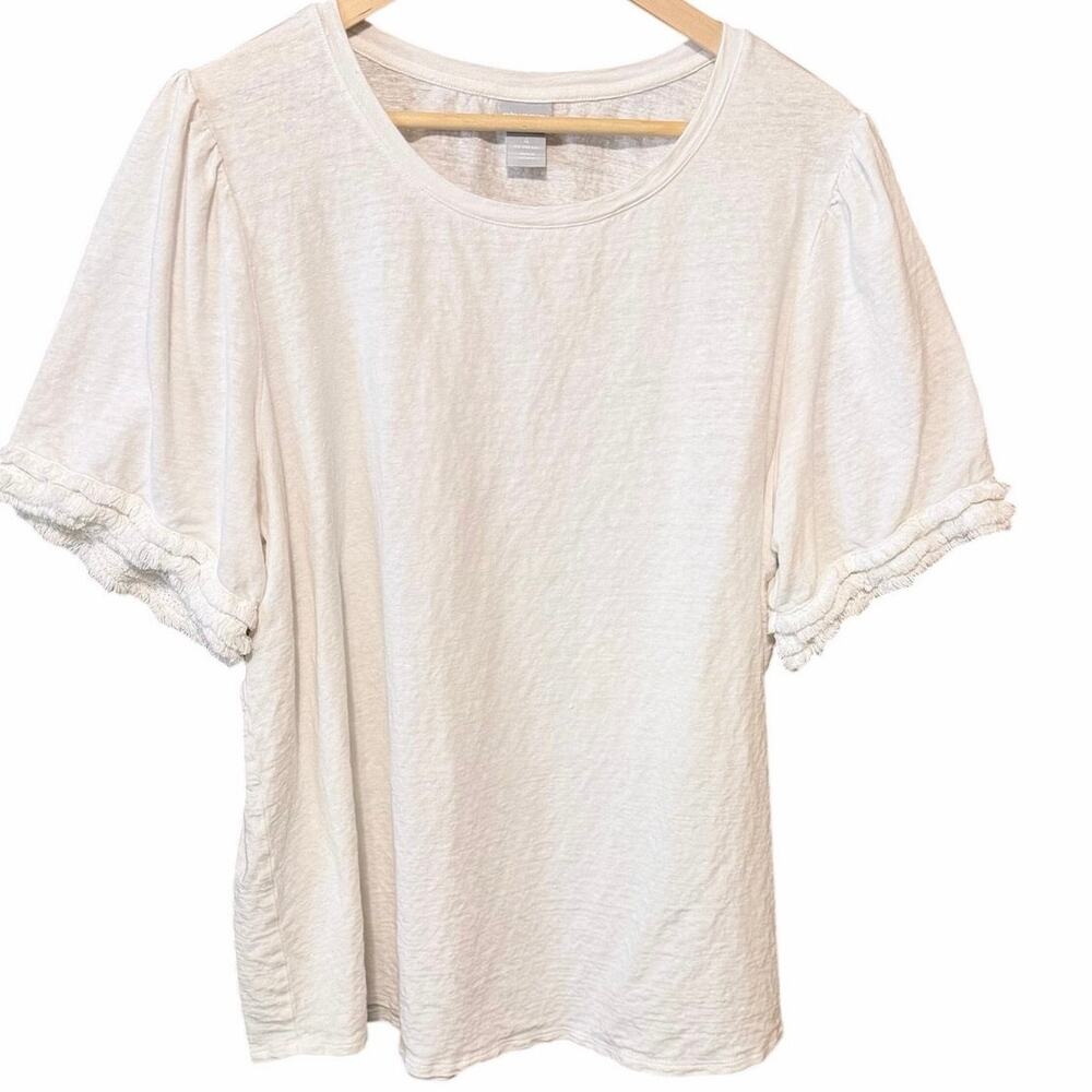 Chico’s White cotton Textured Short Sleeve Top Fringe Trim Size 4 XXL clean girl